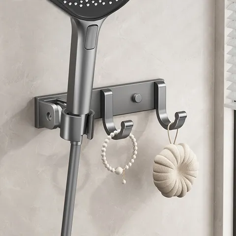 Bathroom Shower Head Bracket Punch Free Adjustable Spray Holder Wall Mounted Aluminum Shower Wand Base With Hooks