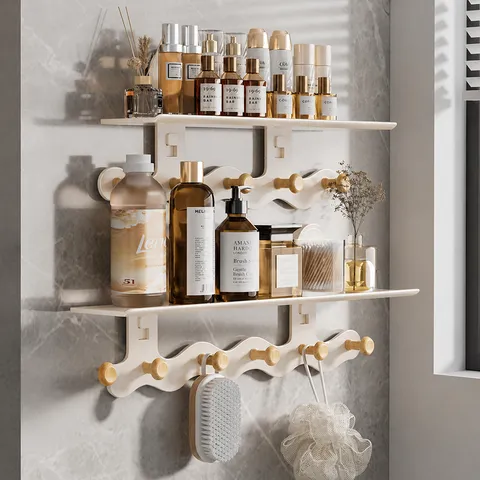 Carbon Steel Wall Mounted Suction Cup Storage Rack Bathroom Punch Free Multipurpose Organizer With Wood Hooks