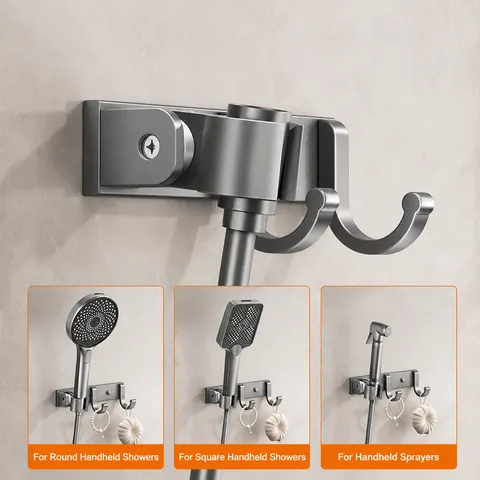 Bathroom Shower Head Bracket Punch Free Adjustable Spray Holder Wall Mounted Aluminum Shower Wand Base With Hooks