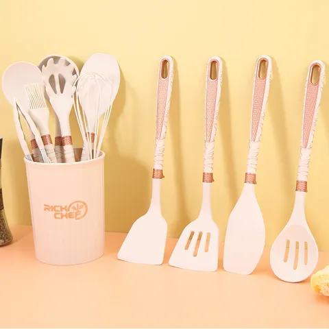 Silicone Kitchen Utensils Cookware Heat Resistant Cooking Tools With Marble Pattern Handles And Storage Holder