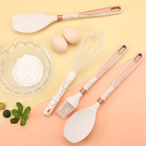 Silicone Kitchen Utensils Cookware Heat Resistant Cooking Tools With Marble Pattern Handles And Storage Holder