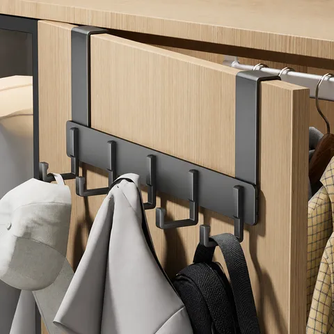 Punch-Free Door Back Hook Space Aluminum Carbon Steel Multi-Hook Rack For Dormitory Kitchen Cabinet Door Storage