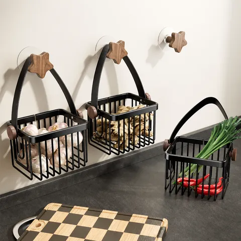 Wandmontierter Küchen Aufbewahrungskorb Stanzfrei Raumfahrt-Aluminium Und Schwarze Walnuss Gewürz Obst Halter Organizer Regal