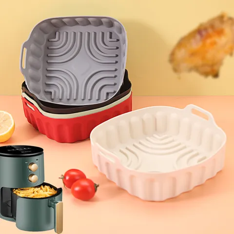 Square Silicone Air Fryer Pot Heat Resistant Baking Tray Non-Stick Reusable Airfryer Liner With Handles Kitchen Bakeware