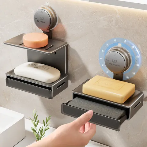 Wall Mounted Soap Dish Aluminum ABS Suction Cup Soap Holder Sponge Drain Rack Bathroom Organizer Storage Shelf