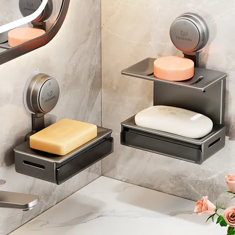 Wall Mounted Soap Dish Aluminum ABS Suction Cup Soap Holder Sponge Drain Rack Bathroom Organizer Storage Shelf