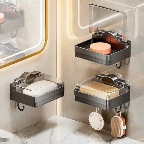 Wall Mounted Soap Dish Holder ABS Plastic Drainage Soap Box With Clear Lid And Hooks Bathroom Storage Organizer