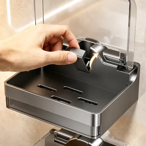 Wall Mounted Soap Dish Holder ABS Plastic Drainage Soap Box With Clear Lid And Hooks Bathroom Storage Organizer