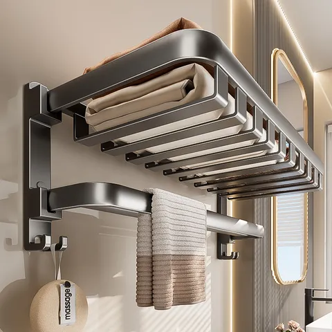 Gunmetal Gray Foldable Towel Rack Wall Mounted Bathroom Storage Shelf With Mesh Basket And Hooks For Home Decor