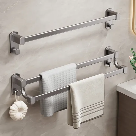 Modern Space Aluminum Gunmetal Towel Bar Wall Mounted Punch Free Bathroom Towel Holder Single And Double Rod