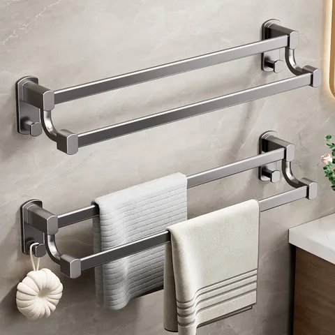 Modern Space Aluminum Gunmetal Towel Bar Wall Mounted Punch Free Bathroom Towel Holder Single And Double Rod