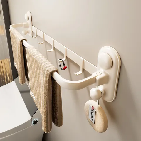 Cream Style Punch Free Suction Cup Towel Bar Wall Mounted Folding Towel Holder For Bathroom Storage Organizer