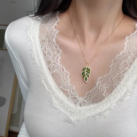 S925 Sterling Silver Nephrite Jade Leaf Pendant For Women Vintage Retro Style Jewelry Fine Craft Rhinestone Inlaid Pendant Only