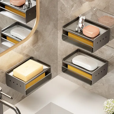 Jabonera de Pared Sin Perforaciones Contenedor de Jabón de Drenaje de Aluminio Espacial para Baño y Ducha