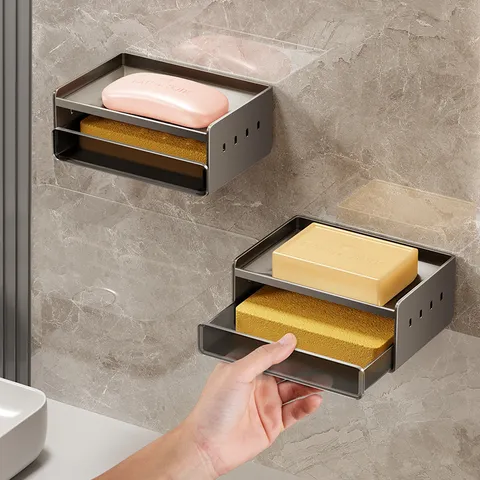 Jabonera de Pared Sin Perforaciones Contenedor de Jabón de Drenaje de Aluminio Espacial para Baño y Ducha