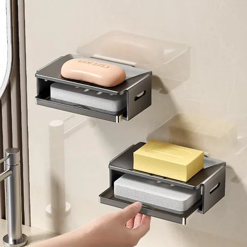 Jabonera Montada en Pared de Aluminio Espacial de Doble Capa Drenaje con Esponja para Baño Cocina