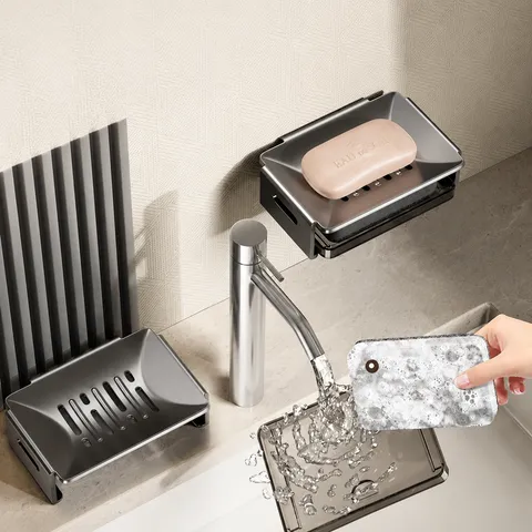 Jabonera Montada en Pared de Aluminio Espacial de Doble Capa Drenaje con Esponja para Baño Cocina