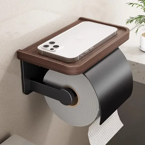 Walnut Wood Toilet Paper Holder With Storage Shelf Bathroom Tissue Roll Dispenser Wall Mounted Tissue Box For Restroom Hotel Home