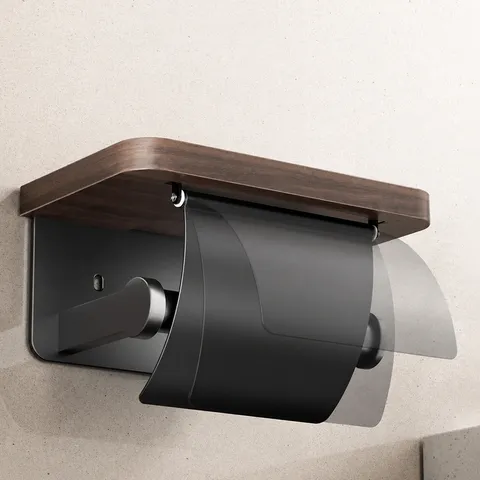 Walnut Wood Toilet Paper Holder With Storage Shelf Bathroom Tissue Roll Dispenser Wall Mounted Tissue Box For Restroom Hotel Home