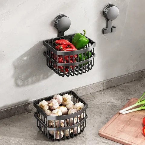Wall-Mounted Suction Cup Kitchen Storage Basket Punch-Free Spice Garlic Holder Rack