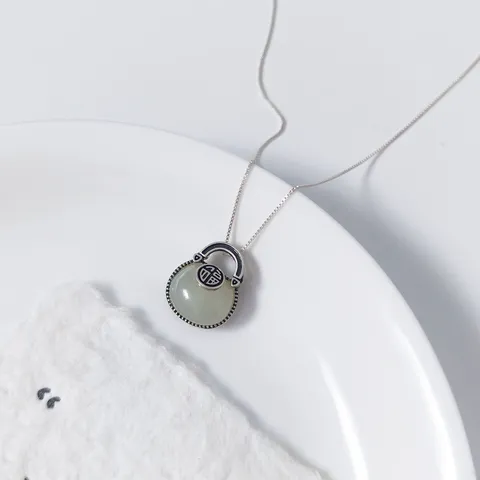 925 Sterling Silver Hetian Jade Thai Silver Fu Bag Pendant For Women Delicate Minimalist Vintage Jewelry Pendant Only Without Chain