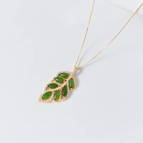 S925 Sterling Silver Nephrite Jade Leaf Pendant For Women Vintage Retro Style Jewelry Fine Craft Rhinestone Inlaid Pendant Only