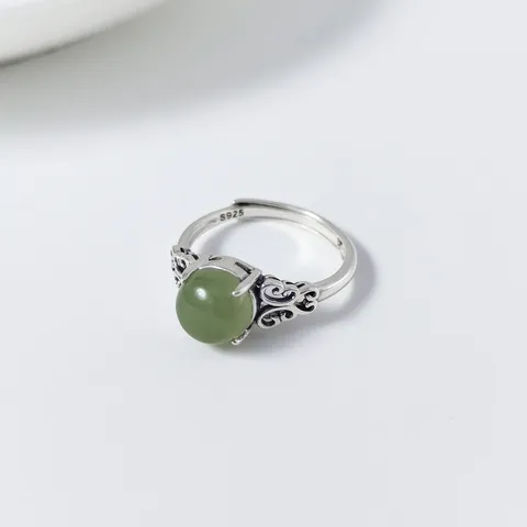 Vintage 925 Sterling Silver Butterfly Ring For Women Thai Silver Style Nephrite Jade Inlaid Adjustable Open Finger Ring Jewelry