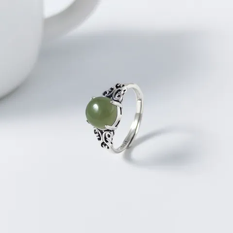 Vintage 925 Sterling Silver Butterfly Ring For Women Thai Silver Style Nephrite Jade Inlaid Adjustable Open Finger Ring Jewelry