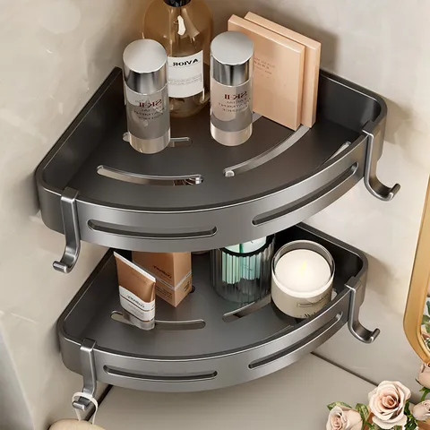 Space Aluminum Bathroom Corner Shelf Gunmetal Gray Wall Mounted Storage Rack With Hooks For Shower Room