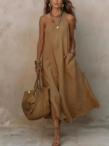 Women's One-Shoulder Solid Color Retro Vacation Maxi Dress Sleeveless Loose Fit Polyester Long Dress For Women Summer Beach Wear