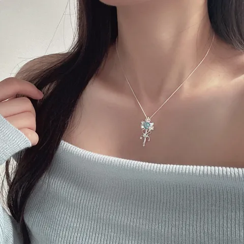 925 Sterling Silver Magic Wand Pendant Necklace Heart Shape Blue Topaz Rhinestone Fairy Tale Charm For Women Romantic Sweet Jewelry Accessory Gift