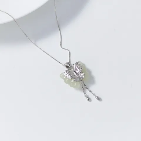 S925 Sterling Silver Nephrite Jade Butterfly Tassel Pendant Elegant Inlaid Zirconia Butterfly Pendant Only For Women