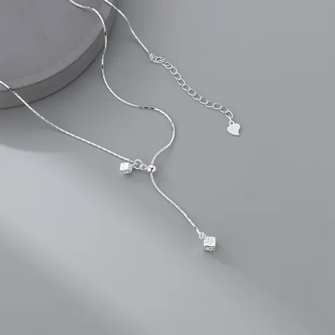 S925 Sterling Silver Y-Shaped Necklace For Women Minimalist Geometric Square Cube Pendant Adjustable Chain Jewelry