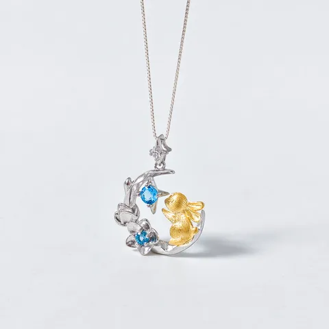 Nouveau Style Chinois Vintage Pendentif Seul en Argent Sterling 925 Lapin Avec Fleur de Topaze Or Argent Bicolore Bijoux Pendentif Sans Chaîne pour Femme