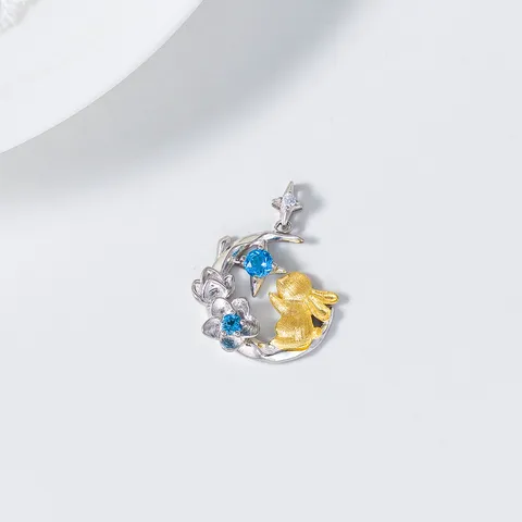 Nouveau Style Chinois Vintage Pendentif Seul en Argent Sterling 925 Lapin Avec Fleur de Topaze Or Argent Bicolore Bijoux Pendentif Sans Chaîne pour Femme