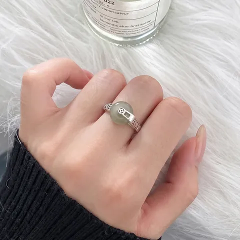 925 Sterling Silver Chinese Retro Nephrite Jade Safety Buckle Ring For Women Vintage Hollow Open Ring Elegant Jewelry