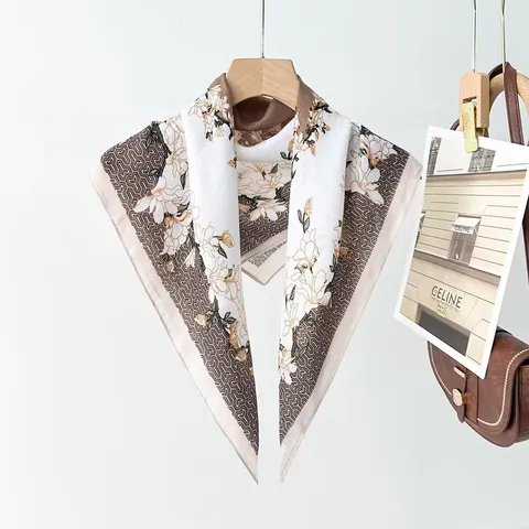 Foulard Quadrato in Satin da Donna Stampa Floreale Geometrica Moda Elegante Versatile Accessorio Quotidiano