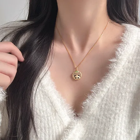 Pendentif Seul en Argent Sterling 925 et Jade de Hetian Style Néo-Chinois Vintage Motif Panda et Feuille de Bambou Émail pour Femme