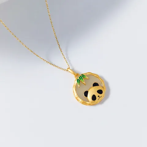 Pendentif Seul en Argent Sterling 925 et Jade de Hetian Style Néo-Chinois Vintage Motif Panda et Feuille de Bambou Émail pour Femme