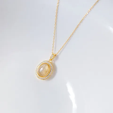 S925 Sterlingsilber Gelber Rutilquarz Oval Anhänger Für Damen Inkrustiert Strass Exquisit Minimalistisch Ins Stil Nur Anhänger