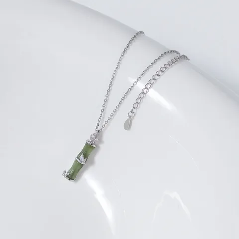 S925 Sterling Silver Nephrite Jade Bamboo Joint Necklace New Chinese Vintage Style Bamboo Leaf Pendant Necklaces Jewelry For Women
