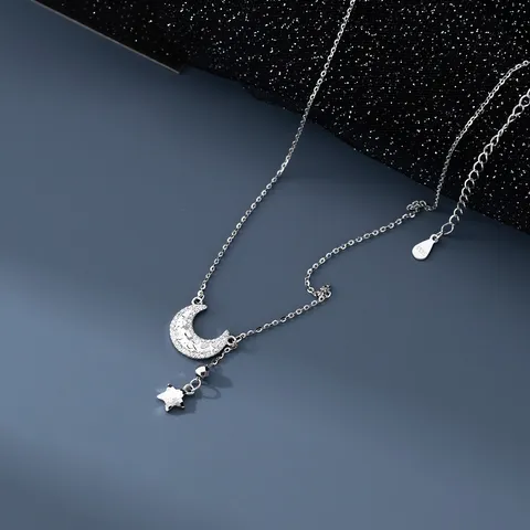 Exquisite 925 Sterling Silber Stern Mond Anhänger Halskette Für Damen Eingelegt Strass Zierlich Schmuck Alltag Halskette