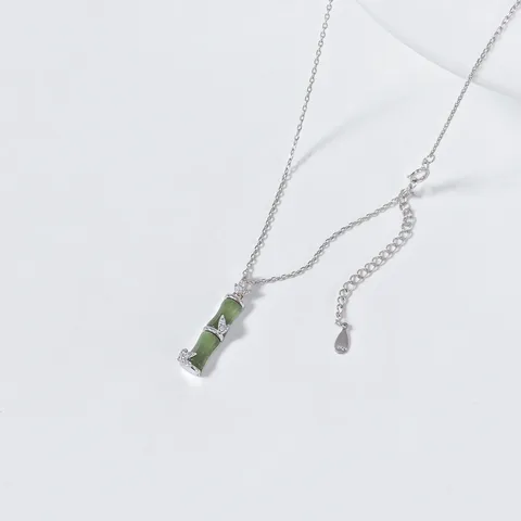 S925 Sterling Silver Nephrite Jade Bamboo Joint Necklace New Chinese Vintage Style Bamboo Leaf Pendant Necklaces Jewelry For Women