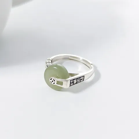 925 Sterling Silver Chinese Retro Nephrite Jade Safety Buckle Ring For Women Vintage Hollow Open Ring Elegant Jewelry