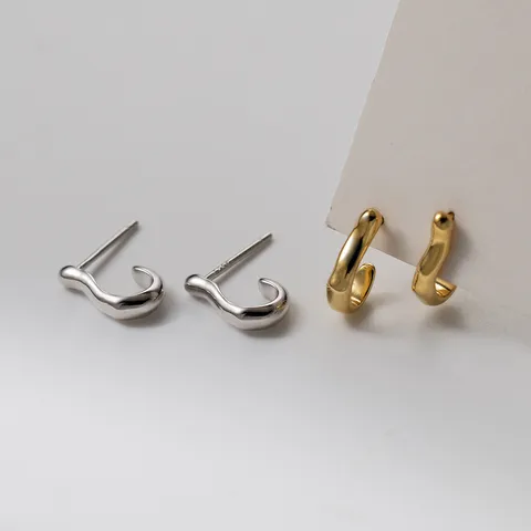 Minimalist 925 Sterling Silver Irregular J-Shaped Stud Earrings For Women Elegant Gold Plated Geometric Fashion Jewelry