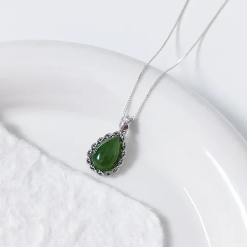 925 Sterling Silver Tulip Water Drop Pendant Natural Hetian Jade Nephrite Inlaid Pendant Only Without Chain For Women Minimalist Chinese Style Jewelry