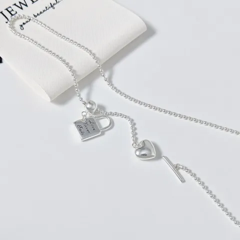925 Sterling Silver Heart Padlock Y-Shaped Adjustable Necklace For Women Ins Style Sweet Cool Lock Pendant Silver Necklace