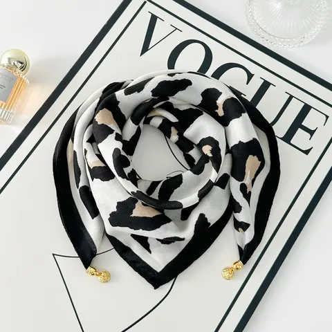 Sciarpa Quadrata alla Moda da Donna Cotone Lino Fibbia Magnetica Stampa Leopardo Foulard da Collo Elegante Chic Accessorio Collo