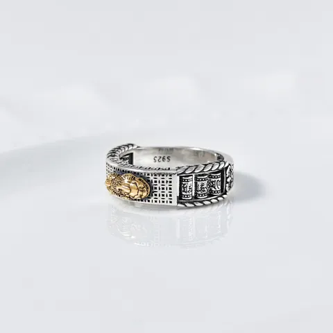 925 Sterling Silver Retro Chinese Style PiXiu Rotating Mantra Ring For Women Hollow Antique Thai Silver Jewelry Copper Accents
