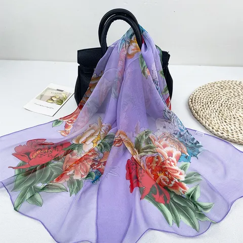 Écharpe en Chiffon pour Femmes Vintage Imprimé Floral Pivoine Long Léger Châle Protection Solaire Accessoires
